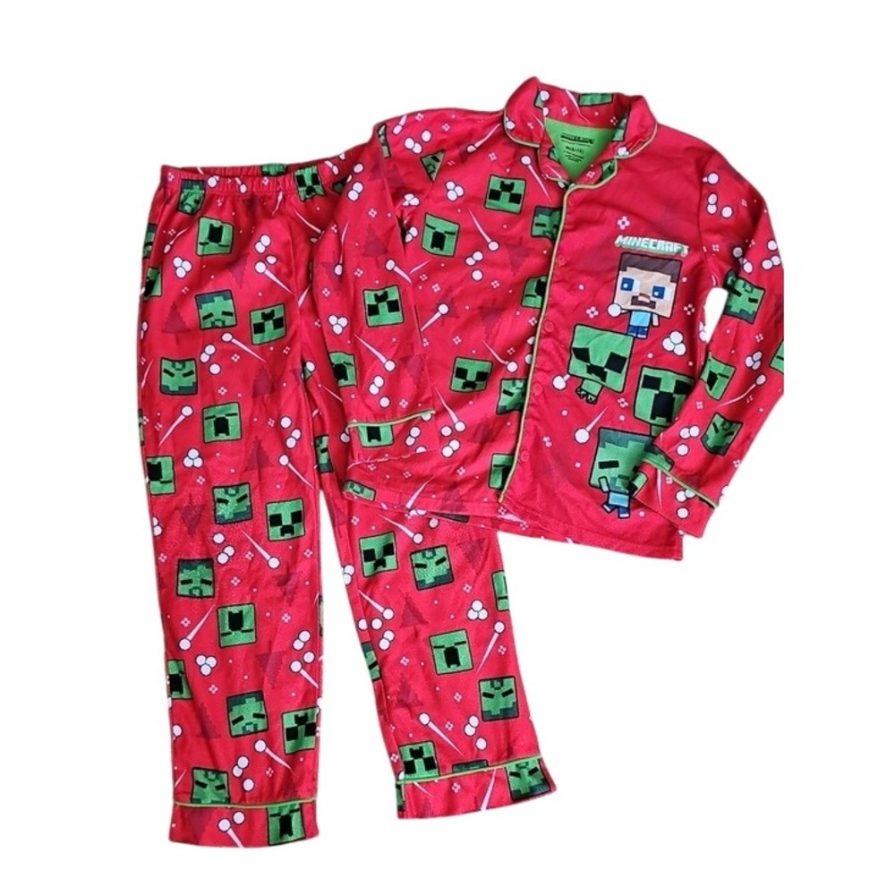 Minecraft Kids Fleece Pajama Set Red Creeper Steve Button Down Size M 8-10